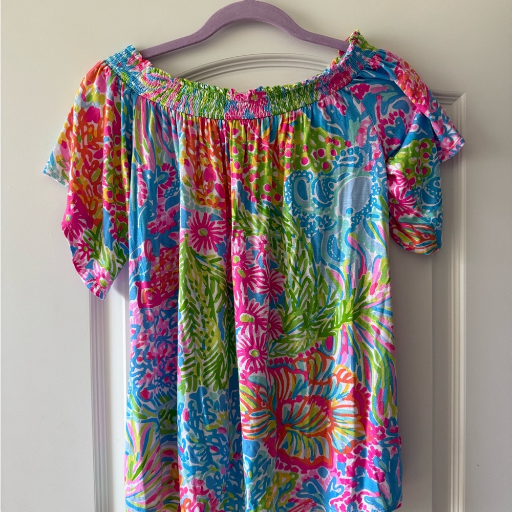 Lilly Pulitzer Blue and Pink Ruffled Flutter Sleeve Blouse